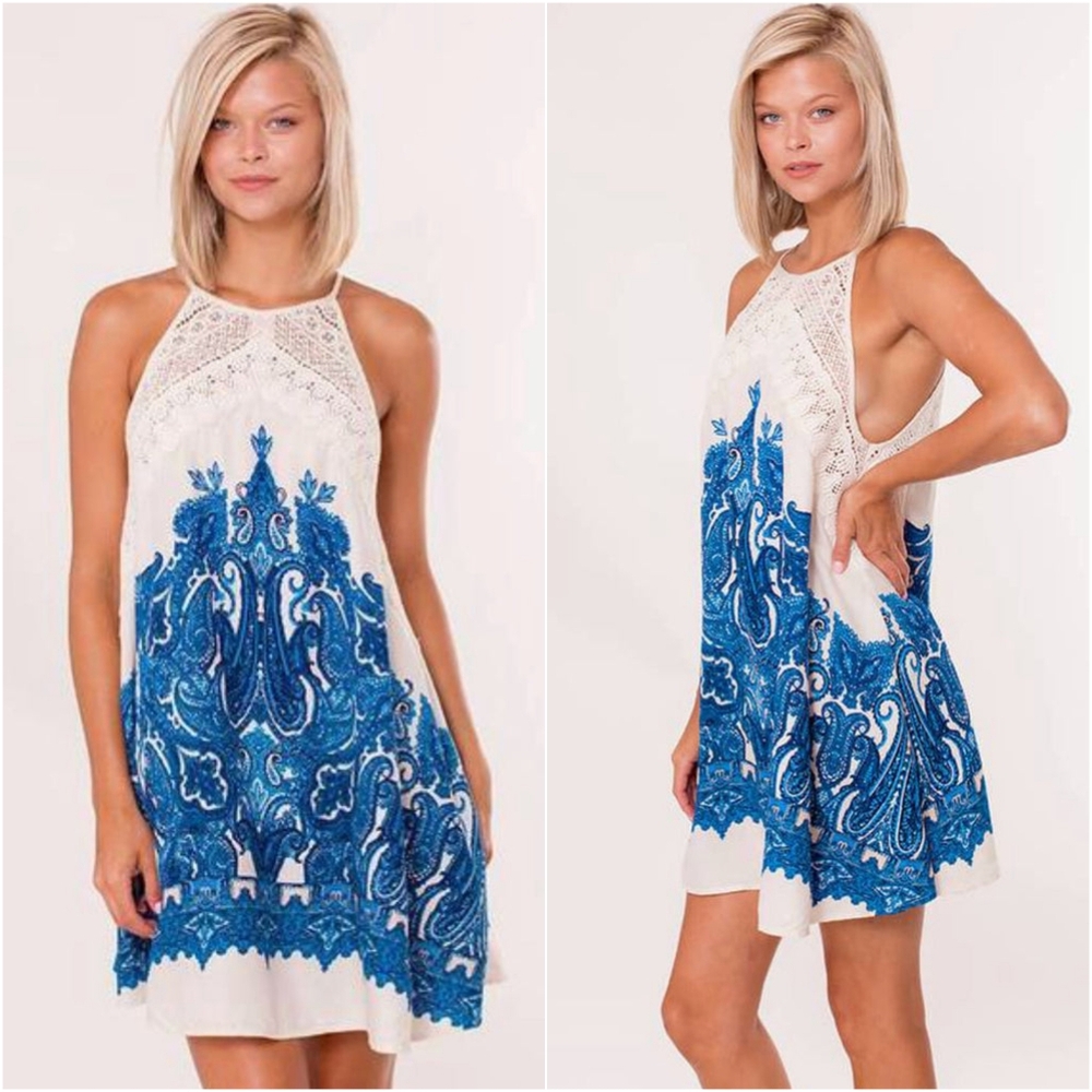 FREE PEOPLE Paisley Print SHEA Crochet Trim Dress Ivory Blue Small